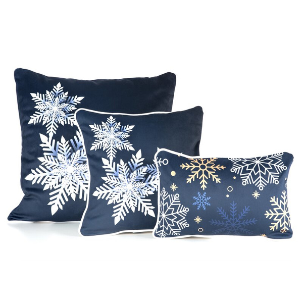 Jastučnica 30x45 cm baršunasta, tamnoplava i bijela, ukrašena printom pahuljica CAROL