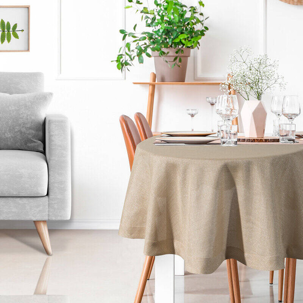 Okrugli stolnjak s lanenim tkanjem i sjajnim koncem, završen dvostrukom trakom na rubovima ∅ 120 cm Bianca 2