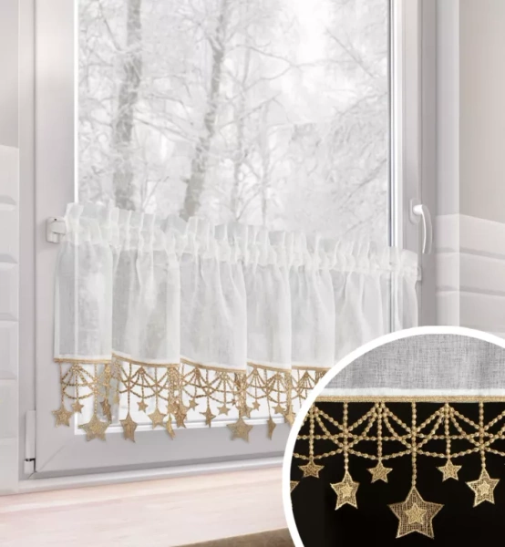 Bijelo zlatna kuhinjska zavjesa od gaze ukrašena božićnim zvijezdama, tunel 150x30 cm - XMAS