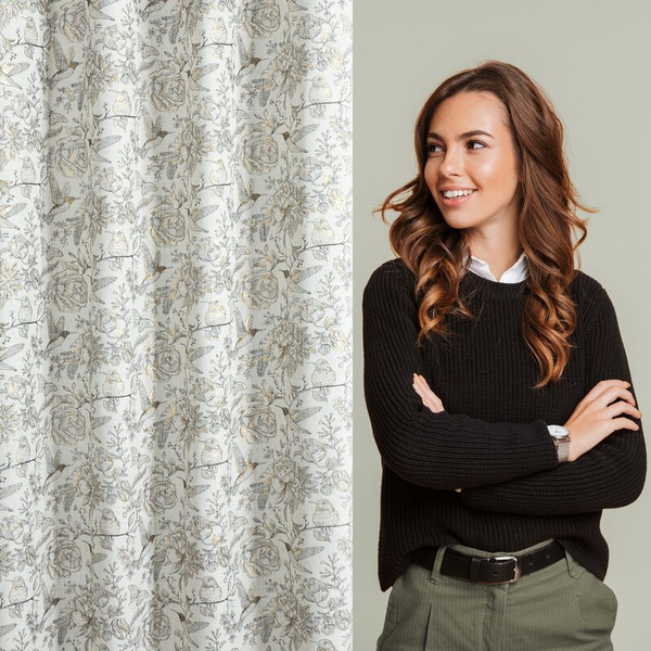 Zavjesa s prirodnim tkanjem i dodatkom lana, prirodne boje s botaničkim uzorkom ukrašenim zlatnim detaljima, 140x250 rupice - LUCINA 2