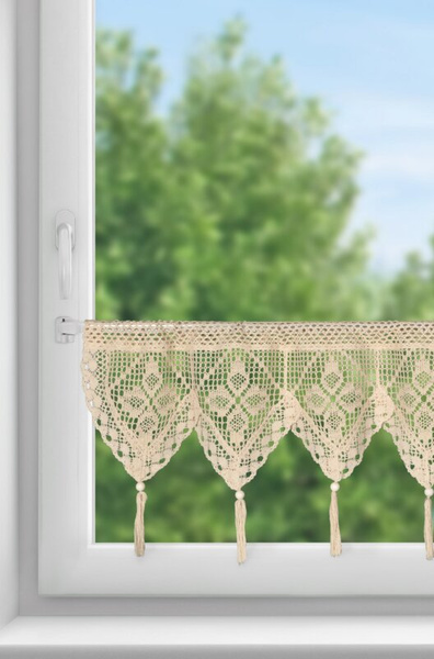 Ažurna kuhinjska zavjesa 150x30 u boho stilu s ukrasnim resicama MARTHA 