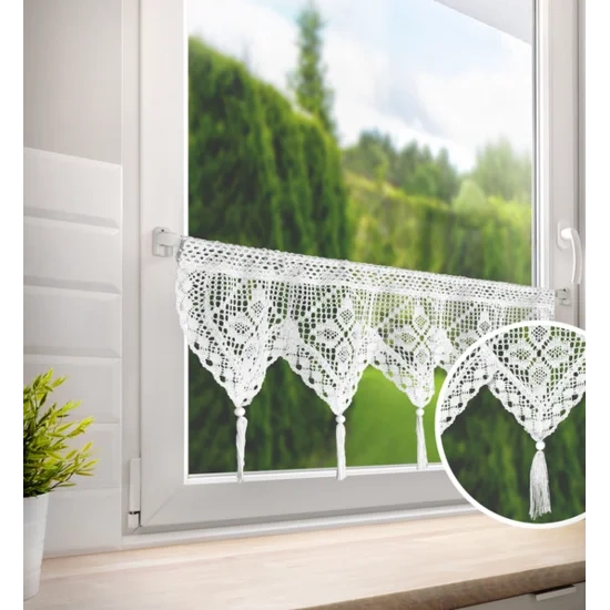 Ažurna kuhinjska zavjesa 150x30 u boho stilu s ukrasnim resicama MARTHA 