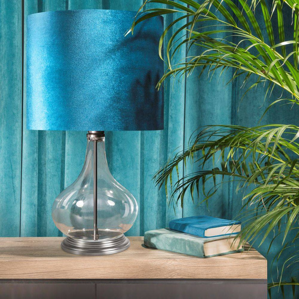 Stolna lampa staklena sa tirkiznim abažurom od sjajnog baršuna 32x32x61 KIM