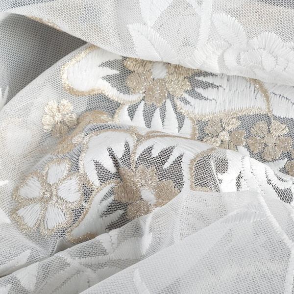 Krem mrežasta zavjesa ukrašena vezom s koncem boje šampanjca, 300x250 cm - ALIRA