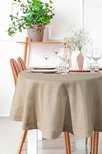 Okrugli stolnjak s lanenim tkanjem i sjajnim koncem, završen dvostrukom trakom na rubovima ∅ 120 cm Bianca 2