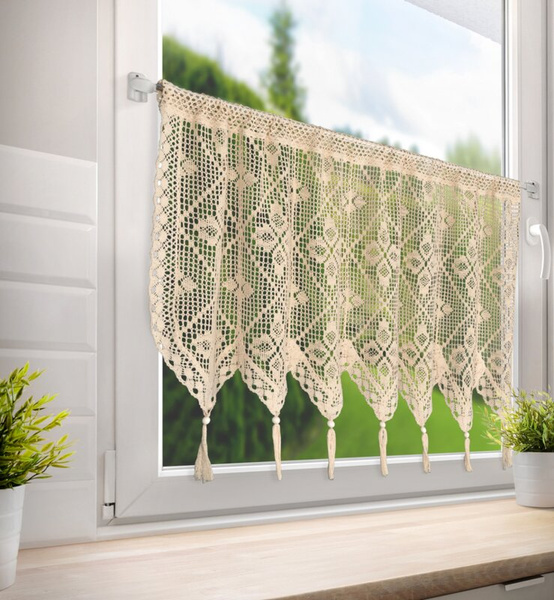 Ažurna kuhinjska zavjesa 150x60 u boho stilu s ukrasnim resicama MARTHA 