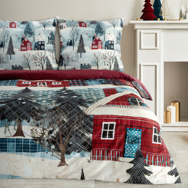 Božićni set posteljine 220x200 cm od pamučnog satena, crvene, plave boje, ukrašen printom božićnog grada NIKO