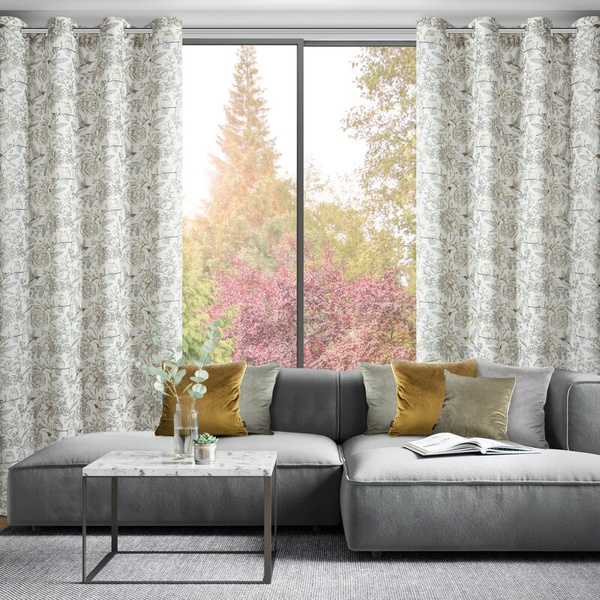 Zavjesa s prirodnim tkanjem i dodatkom lana, prirodne boje s botaničkim uzorkom ukrašenim zlatnim detaljima, 140x250 rupice - LUCINA 2