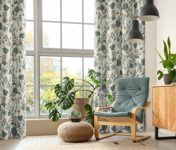 Prirodno plava zavjesa 140x250 od tkanine s dodatkom lana, ukrašena biljnim printom - TALI