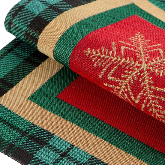 Nadstolnjak goblen s motivom zlatne pahulje i ukrasnim kariranim rubom 45x140 Cherry