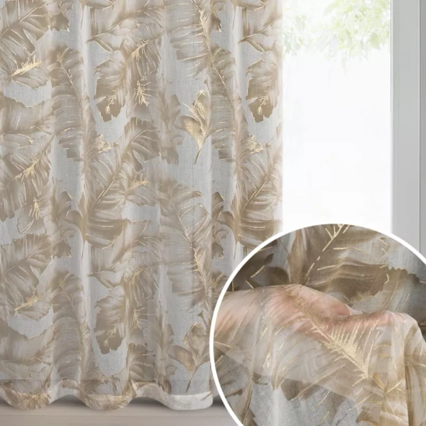 Bež zavjesa s printom lišća od gaze i zlatnim detaljima, 140x250 cm, s ušicama - LAYLA