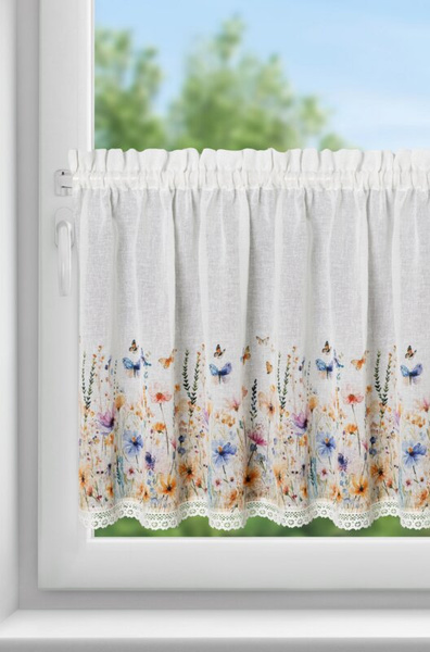 Bijelo-žuta kuhinjska zavjesa od gaze ukrašena cvjetnim printom i čipkom, 150x60 cm, tunel ROZALIE