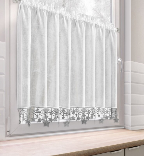 Bijelo-srebrna kuhinjska zavjesa od gaze ukrašena božićnim zvijezdama, tunel 150x90 cm - XMAS