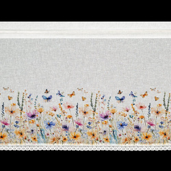 Bijelo-žuta kuhinjska zavjesa od gaze ukrašena cvjetnim printom i čipkom, 150x60 cm, tunel ROZALIE