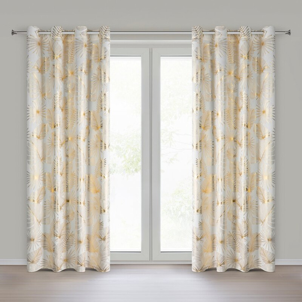 Krem i zlatna tkana zavjesa ukrašena sjajnim egzotičnim motivom lišća, 140x250 cm, zlatne ušice - ZARIA