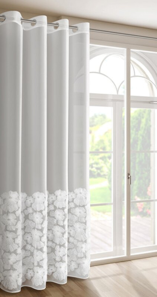Bijela mrežasta zavjesa ukrašena cvijećem i malim 3D perlicama,, 140x250 cm, rupice - JASMIN 2 Eva Minge