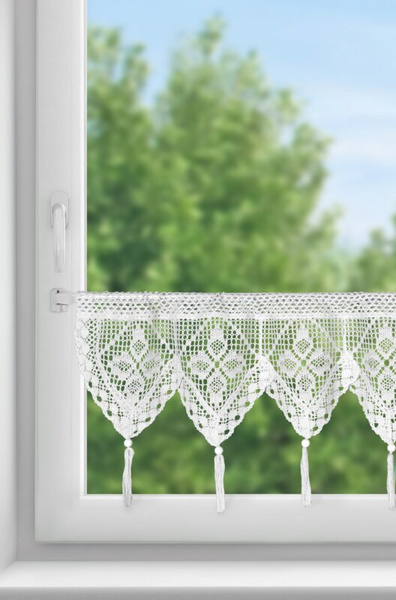 Ažurna kuhinjska zavjesa 150x30 u boho stilu s ukrasnim resicama MARTHA 