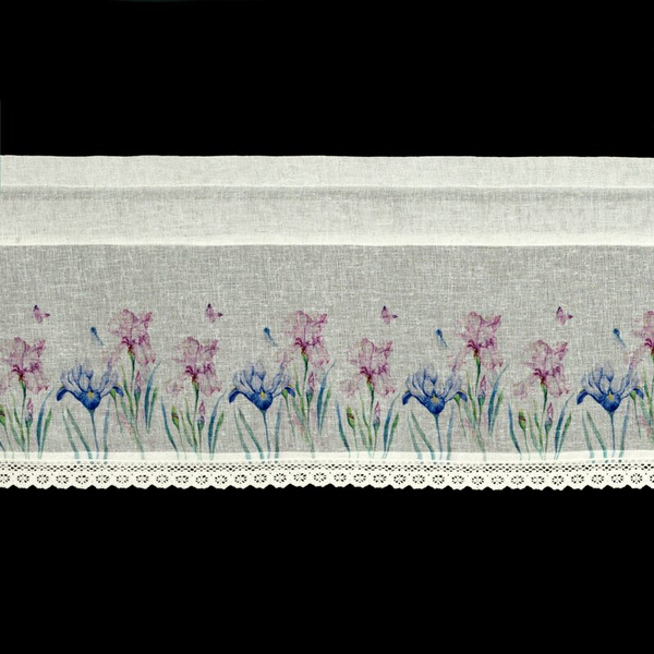 Bijela kuhinjska zavjesa od gaze ukrašena cvjetnim printom i čipkom, 150x30 cm, DOLOREZ tunel