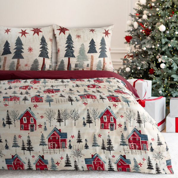 Božićna posteljina 160x200 cm pamučni saten, bordo, tamno krem boja s printom zimskog grada ASHER