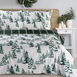 Božićni set posteljine 220x200 cm od pamučnog satena, bijela, tamnozelena, ukrašen zimskim printom, božićna drvca ZIMA