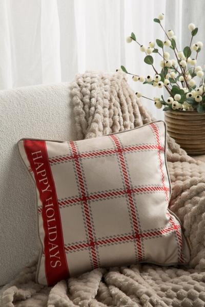 Božićna jastučnica 45x45 cm od baršuna, bež i crvena s kariranim uzorkom i rubovima, CLARK