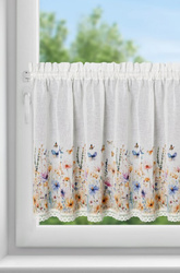 Bijelo-žuta kuhinjska zavjesa od gaze ukrašena cvjetnim printom i čipkom, 150x60 cm, tunel ROZALIE