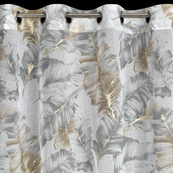 Bež zavjesa s printom lišća od gaze i srebrnim detaljima, 140x250 cm - LAYLA