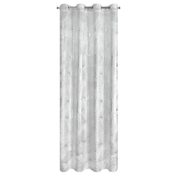 Bijelo-srebrna baršunasta zavjesa ukrašena sjajnim egzotičnim motivom lišća, 140x250 cm - ZARIA