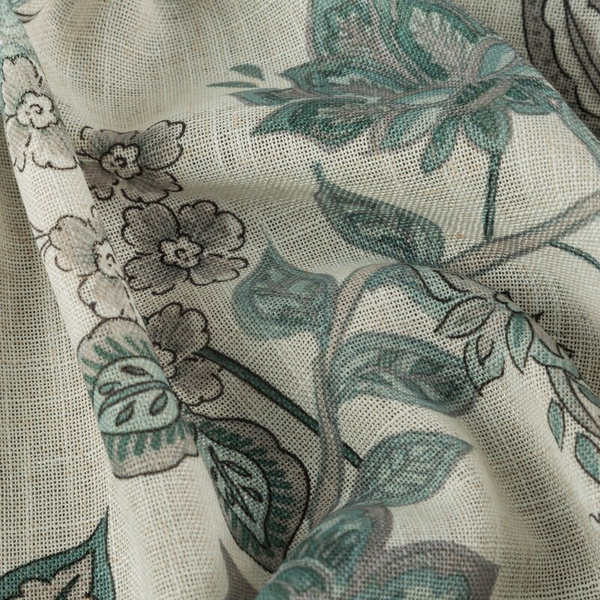 Prirodno plava zavjesa 140x250 od tkanine s dodatkom lana, ukrašena biljnim printom - TALI