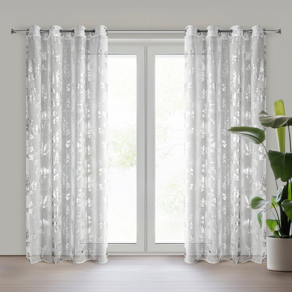 Bijelo-srebrna mrežasta zavjesa s biljnim motivom, 140x250 cm - DELIA