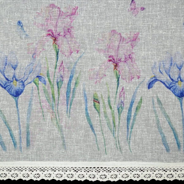 Bijela kuhinjska zavjesa od gaze ukrašena cvjetnim printom i čipkom, 150x60 cm, DOLOREZ tunel