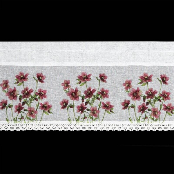 Zavjesa za kuhinju ukrašena printom crvenog cvijeća i čipkom 150x30 cm Isa