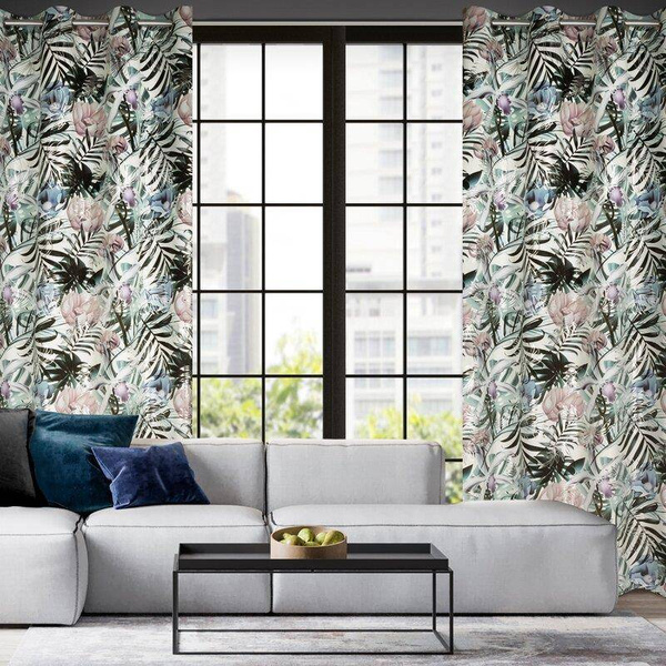 Zavjesa bijela, srebrna s uzorkom egzotičnog lišća od baršuna 140x250 cm MALIBU