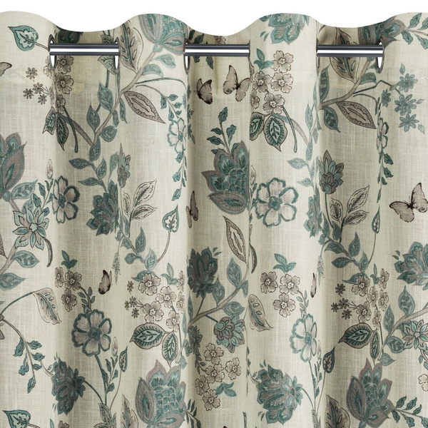 Prirodno plava zavjesa 140x250 od tkanine s dodatkom lana, ukrašena biljnim printom - TALI