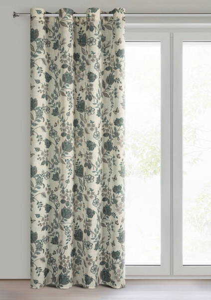 Prirodno plava zavjesa 140x250 od tkanine s dodatkom lana, ukrašena biljnim printom - TALI