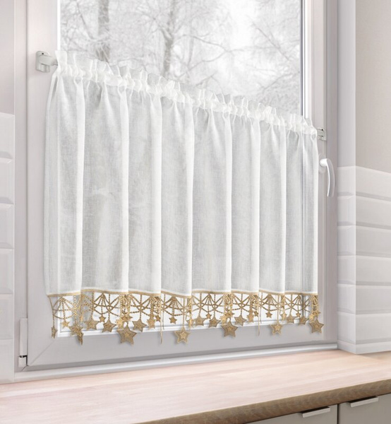 Bijelo zlatna kuhinjska zavjesa od gaze ukrašena božićnim zvijezdama, tunel 150x60 cm - XMAS