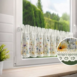 Bijelo-žuta kuhinjska zavjesa od gaze ukrašena cvjetnim printom i čipkom, 150x30 cm, tunel ROZALIE