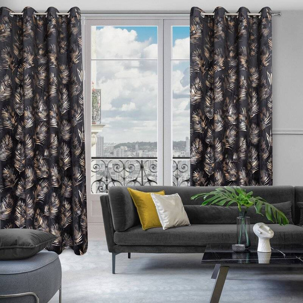 Crna zavjesa od mekog baršuna sa sjajnim printom palminog lišća 140x250 Gloria 