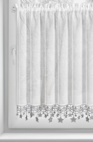 Bijelo-srebrna kuhinjska zavjesa od gaze ukrašena božićnim zvijezdama, tunel 150x90 cm - XMAS