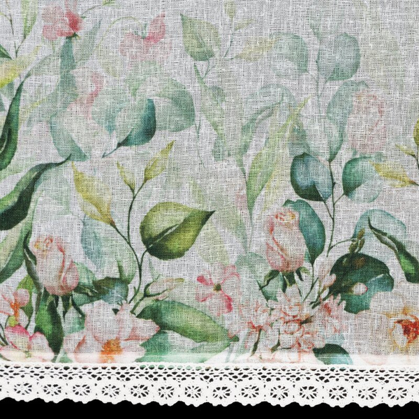 Bijelo-zelena kuhinjska zavjesa od gaze ukrašena cvjetnim printom i čipkom, 150x30 cm, ESTERA tunel