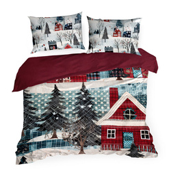 Božićni set posteljine 160x200 cm od pamučnog satena, crvene, plave boje, ukrašen printom božićnog grada NIKO