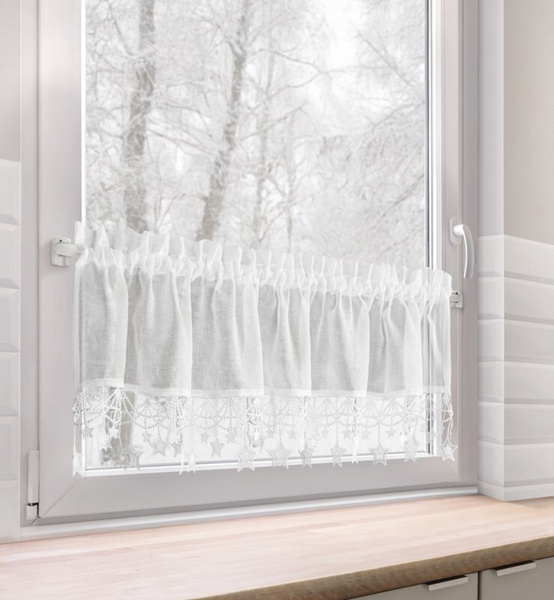 Bijela kuhinjska zavjesa od gaze ukrašena božićnim zvijezdama, tunel 150x30 cm - XMAS