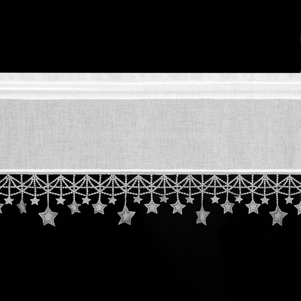 Bijelo-srebrna kuhinjska zavjesa od gaze ukrašena božićnim zvijezdama, tunel 150x60 cm - XMAS