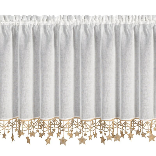 Bijelo zlatna kuhinjska zavjesa od gaze ukrašena božićnim zvijezdama, tunel 150x60 cm - XMAS
