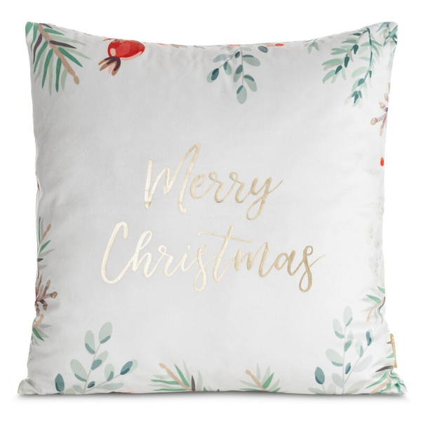 Božićna jastučnica 45x45 cm baršunasta bijela, zelena ukrašena printom