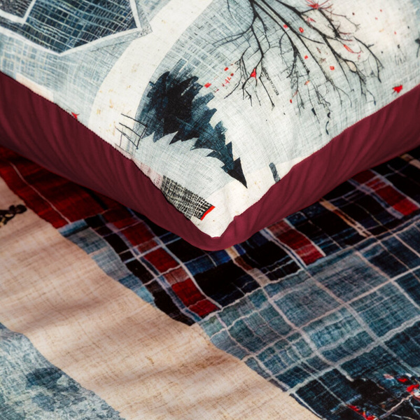 Božićni set posteljine 140x200 cm od pamučnog satena, crvene, plave boje, ukrašen printom božićnog grada NIKO