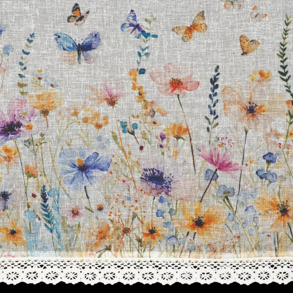 Bijelo-žuta kuhinjska zavjesa od gaze ukrašena cvjetnim printom i čipkom, 150x60 cm, tunel ROZALIE