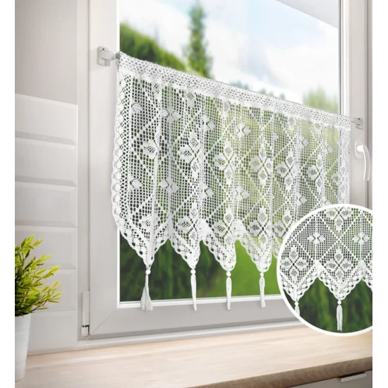 Ažurna kuhinjska zavjesa 150x60 u boho stilu s ukrasnim resicama MARTHA 