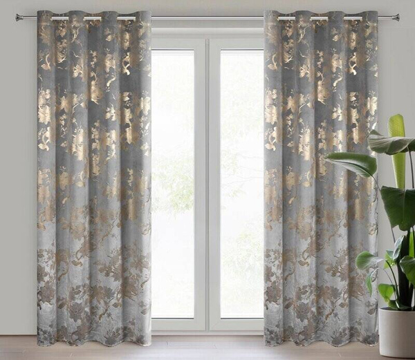 Tamno siva zavjesa ukrašena printom sjajnog cvijeća, 140x250 cm - CELIA