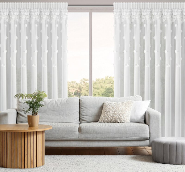 Bijela šifonska zavjesa ukrašena trodimenzionalnim ružama, 350x270 cm, traka - DIANA